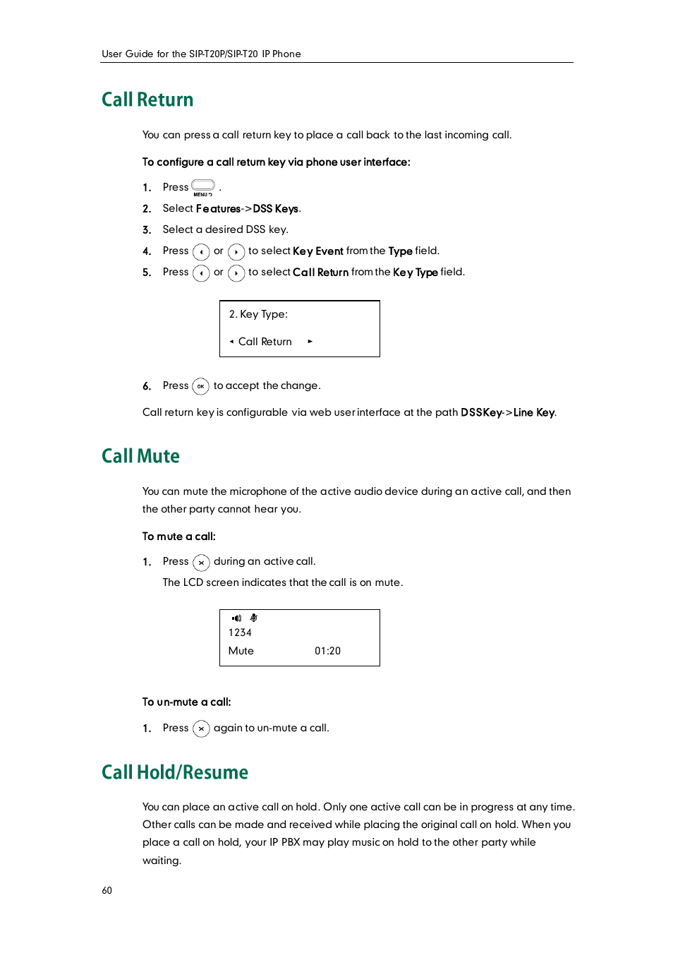 Call return, Call mute, Call hold/resume | Yealink SIP-T20 User Manual | Page 72 / 126