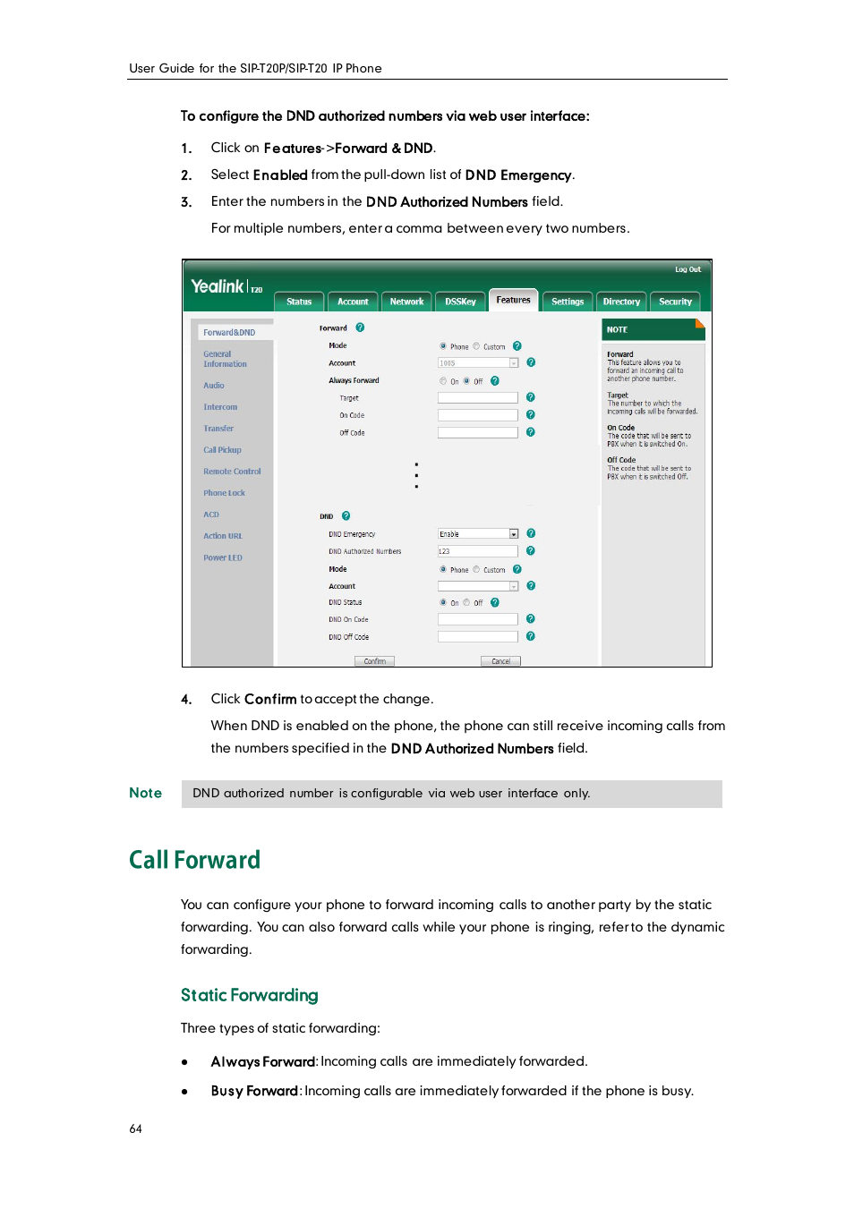 Call forward, Static forwarding | Yealink SIP-T20 User Manual | Page 76 / 126