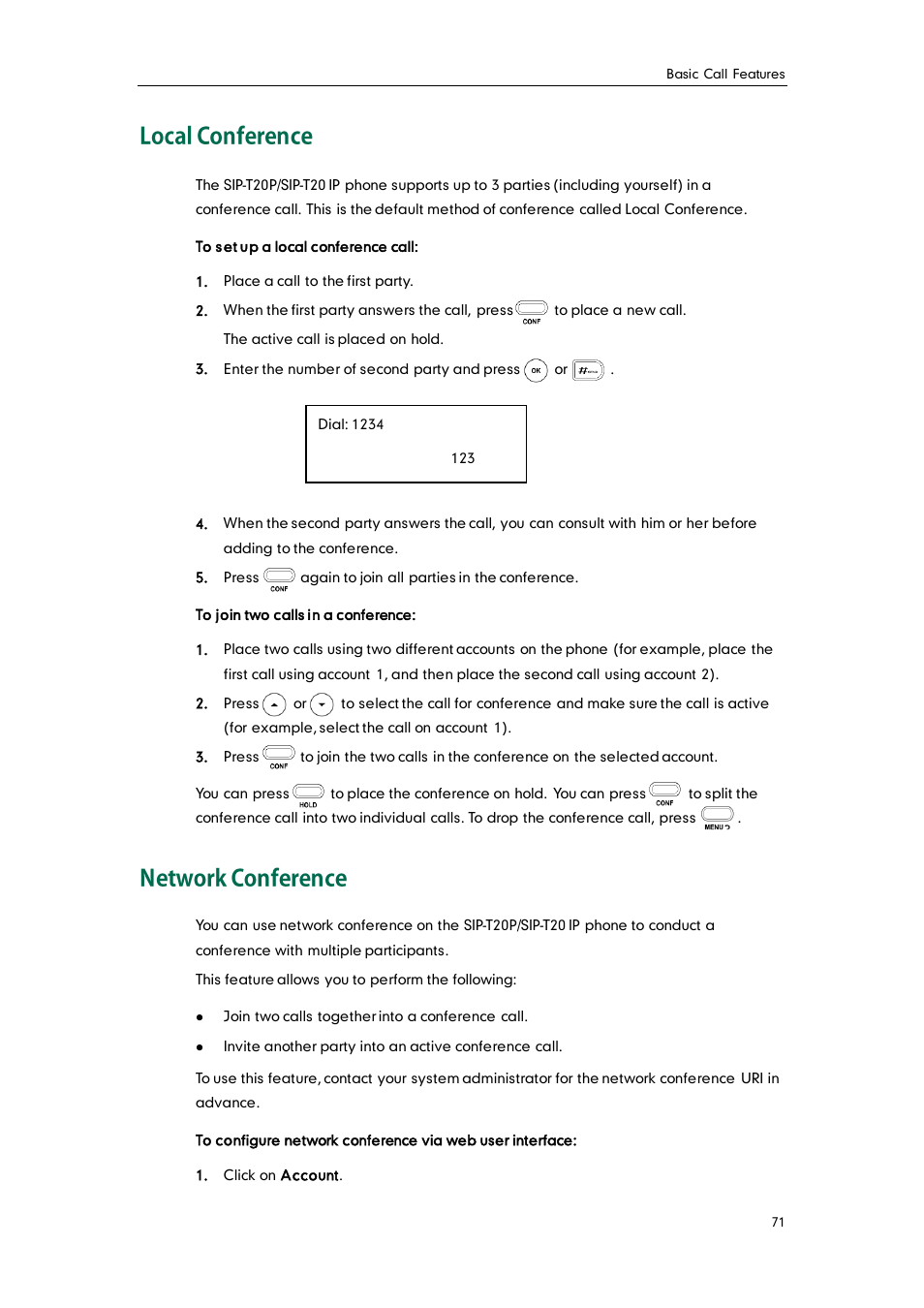 Local conference, Network conference | Yealink SIP-T20 User Manual | Page 83 / 126