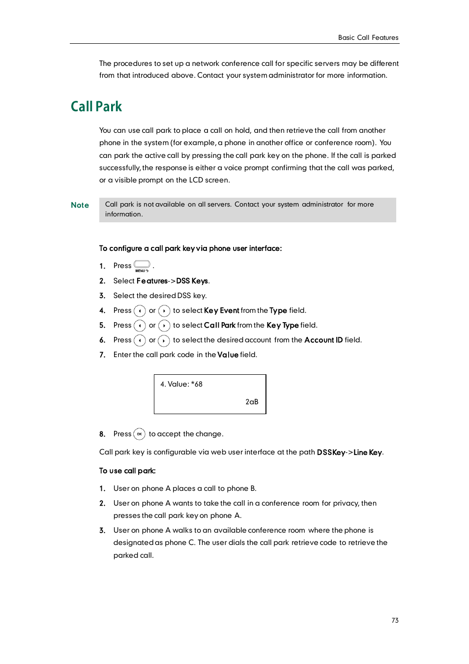Call park | Yealink SIP-T20 User Manual | Page 85 / 126