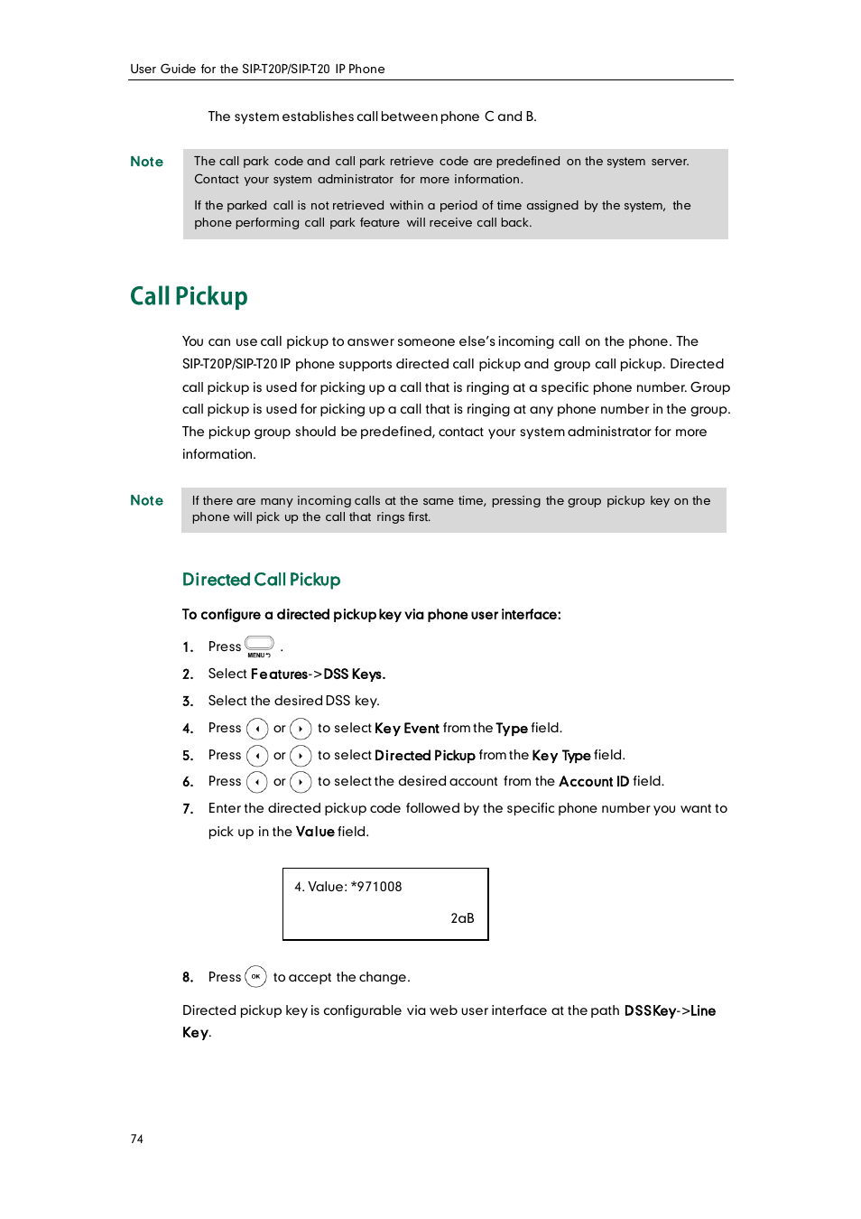 Call pickup, Directed call pickup | Yealink SIP-T20 User Manual | Page 86 / 126