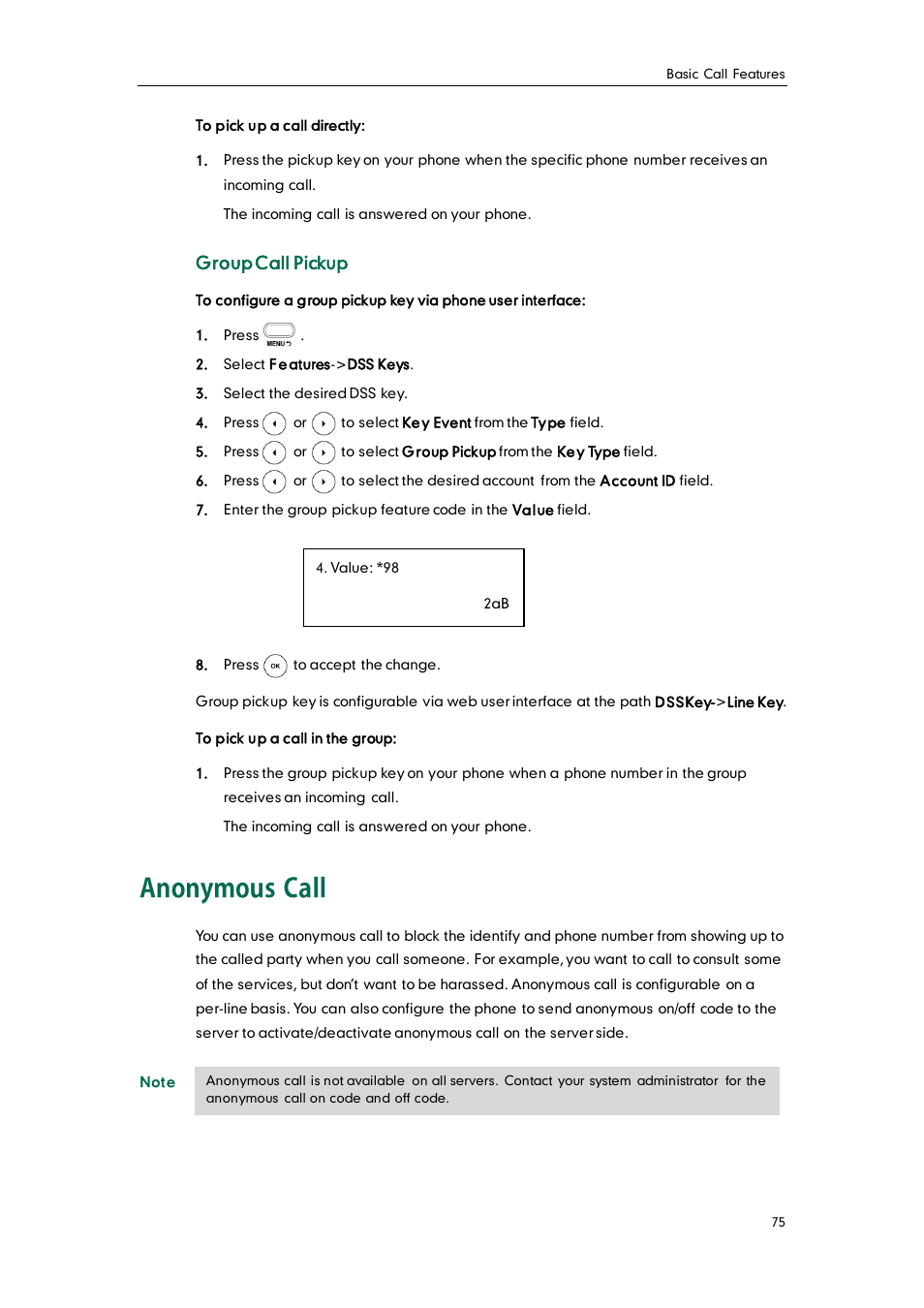 Anonymous call, Group call pickup | Yealink SIP-T20 User Manual | Page 87 / 126