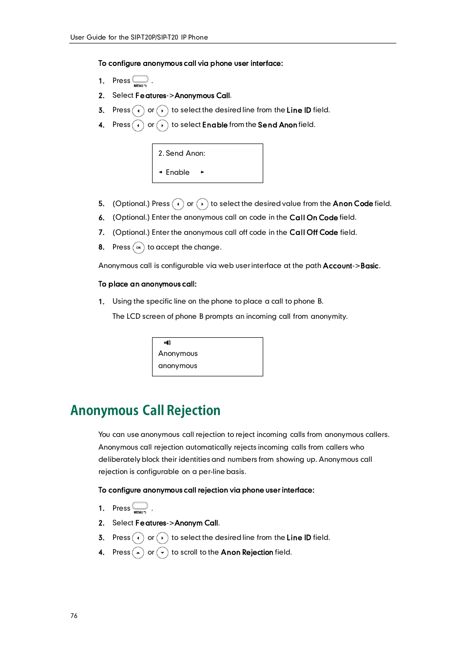 Anonymous call rejection | Yealink SIP-T20 User Manual | Page 88 / 126