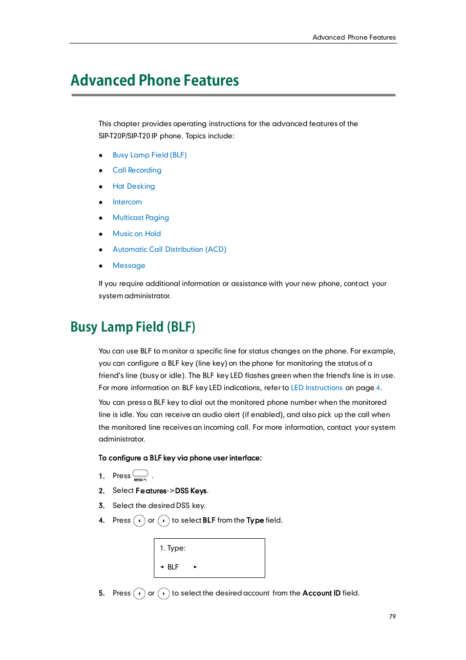 Advanced phone features, Busy lamp field (blf) | Yealink SIP-T20 User Manual | Page 91 / 126