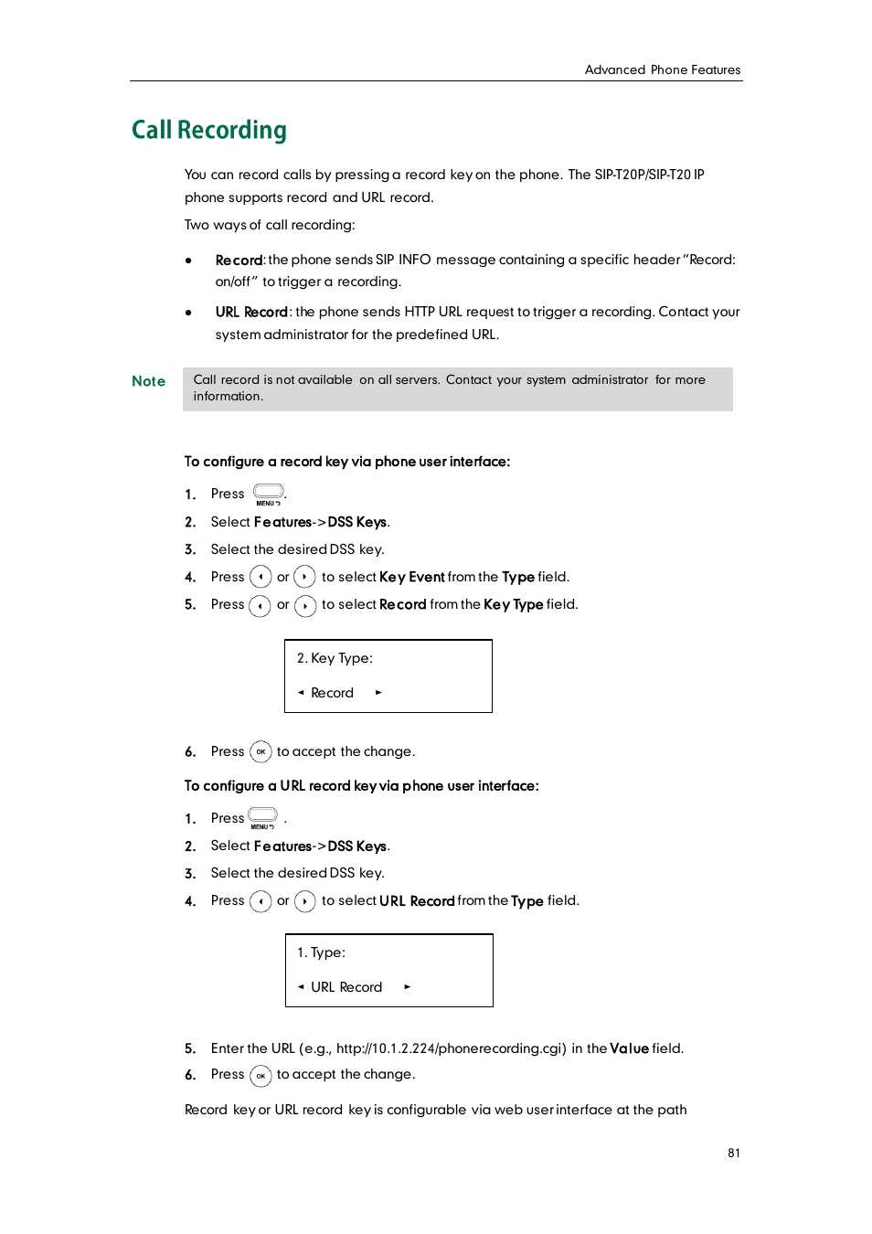 Call recording | Yealink SIP-T20 User Manual | Page 93 / 126