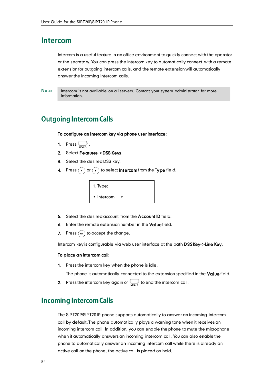 Intercom, Outgoing intercom calls, Incoming intercom calls | Yealink SIP-T20 User Manual | Page 96 / 126