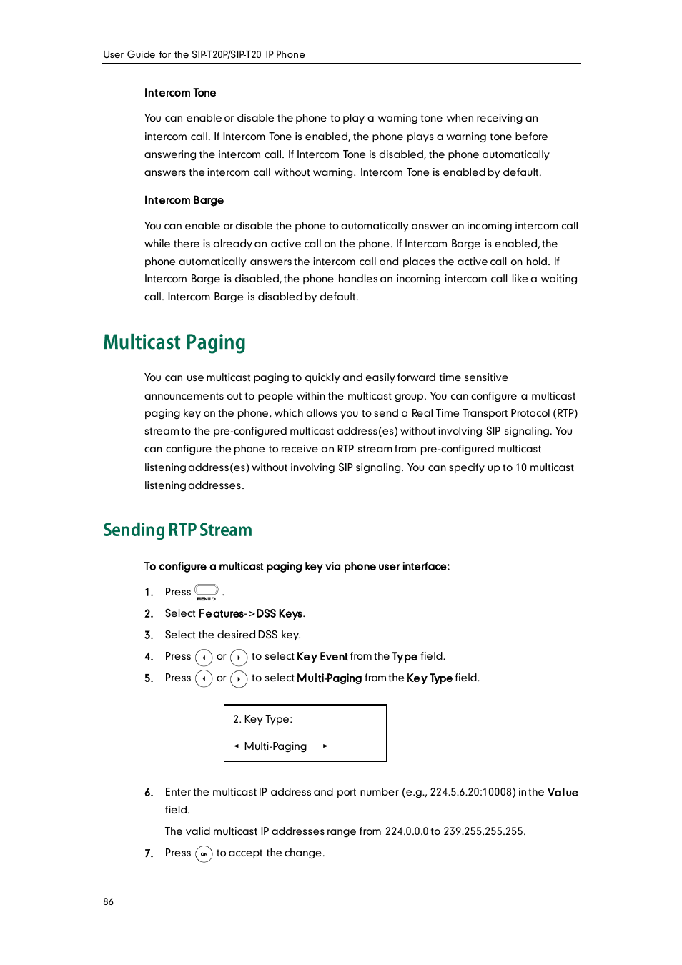 Multicast paging, Sending rtp stream | Yealink SIP-T20 User Manual | Page 98 / 126