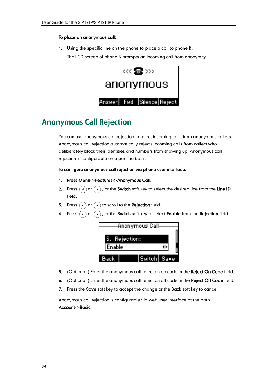 Anonymous call rejection | Yealink SIP-T21 User Manual | Page 104 / 142