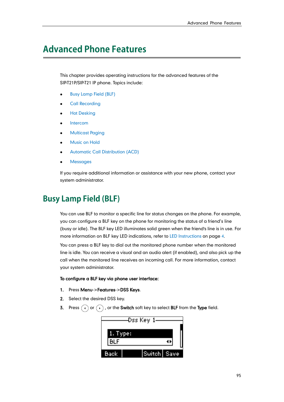Advanced phone features, Busy lamp field (blf) | Yealink SIP-T21 User Manual | Page 105 / 142