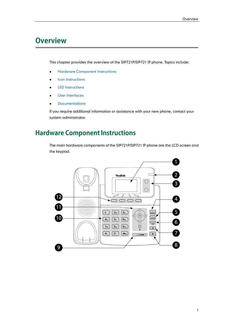 Overview, Hardware component instructions | Yealink SIP-T21 User Manual | Page 11 / 142