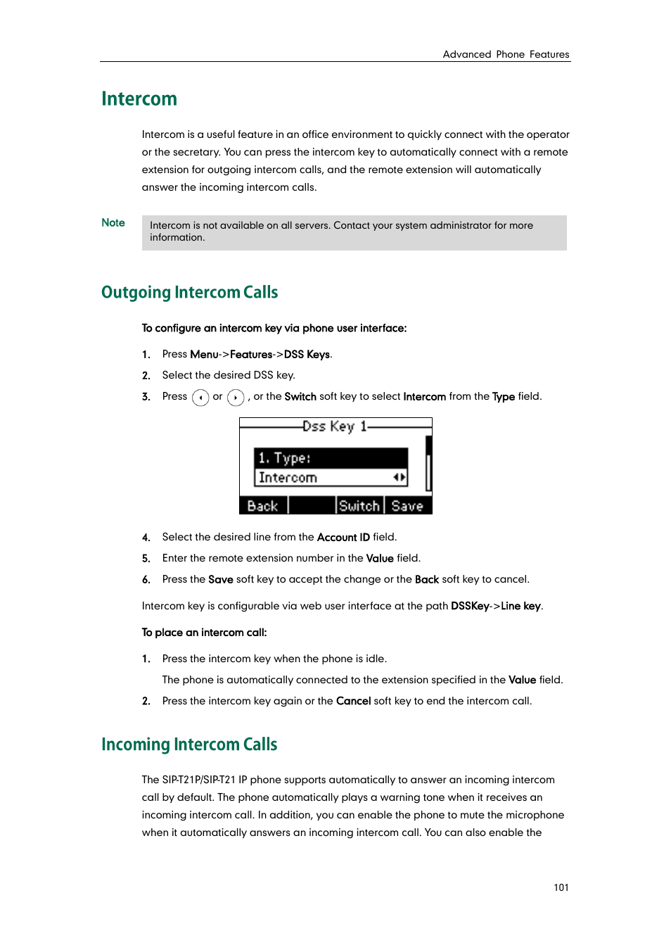 Intercom, Outgoing intercom calls, Incoming intercom calls | Yealink SIP-T21 User Manual | Page 111 / 142