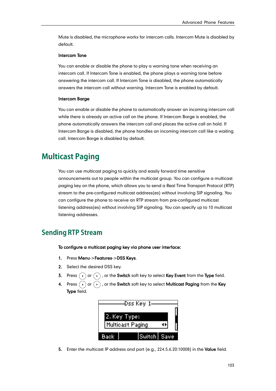 Multicast paging, Sending rtp stream | Yealink SIP-T21 User Manual | Page 113 / 142