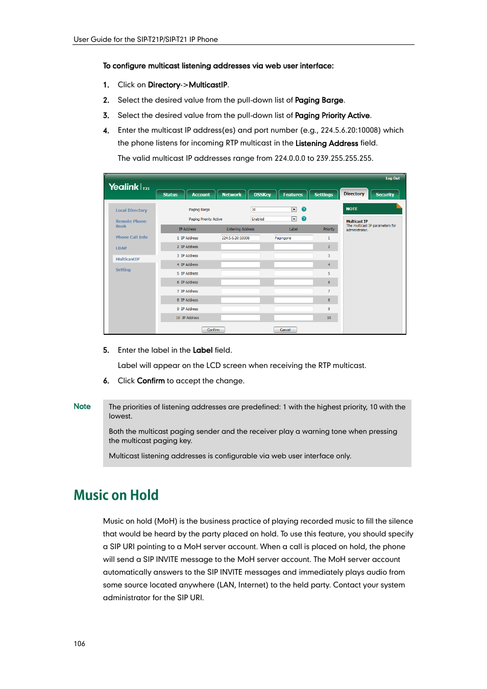 Music on hold | Yealink SIP-T21 User Manual | Page 116 / 142