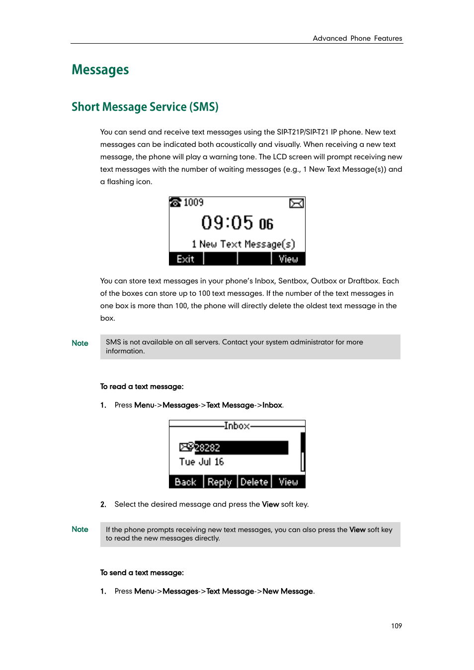 Messages, Short message service (sms) | Yealink SIP-T21 User Manual | Page 119 / 142
