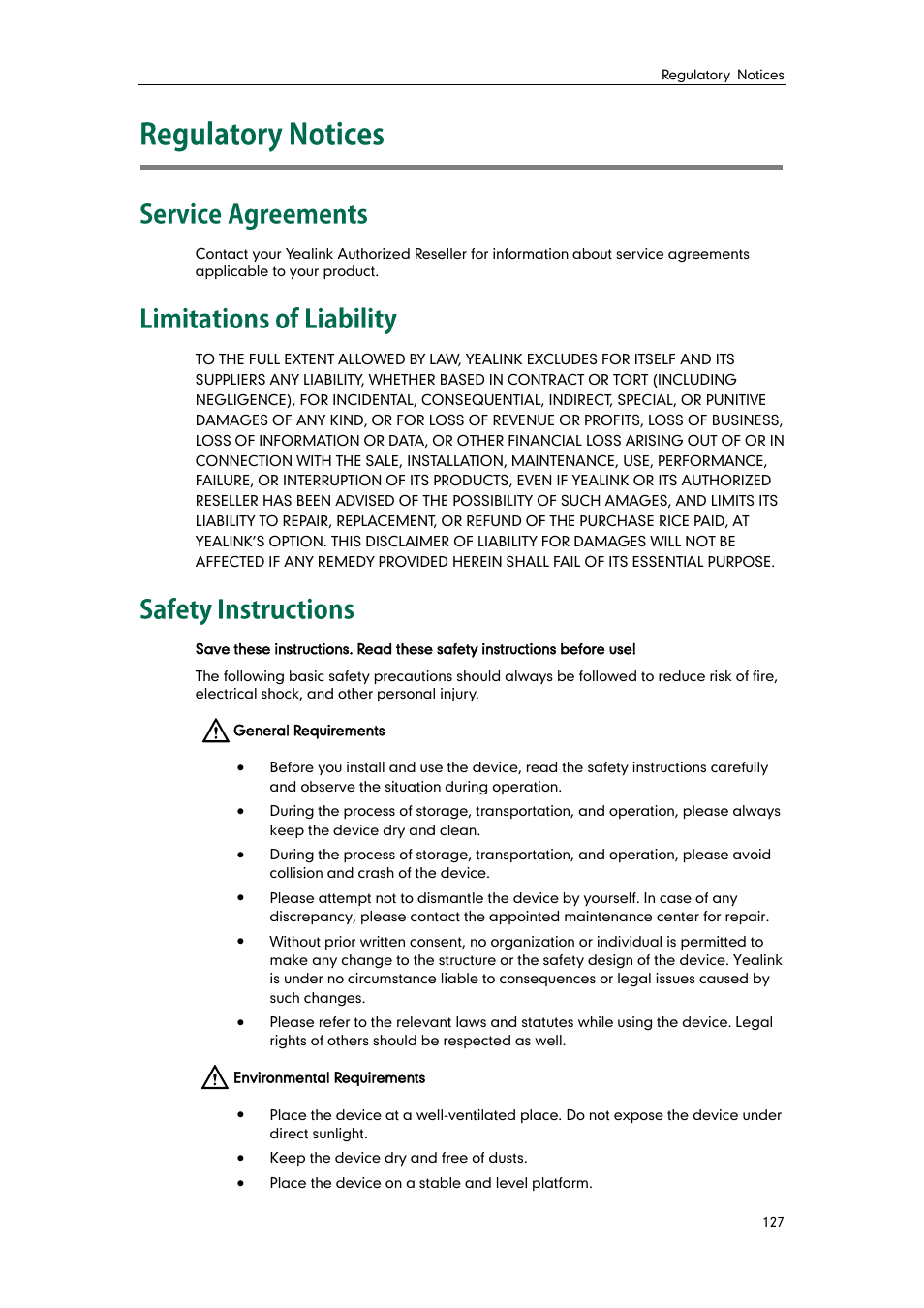 Regulatory notices, Service agreements, Limitations of liability | Safety instructions | Yealink SIP-T21 User Manual | Page 137 / 142