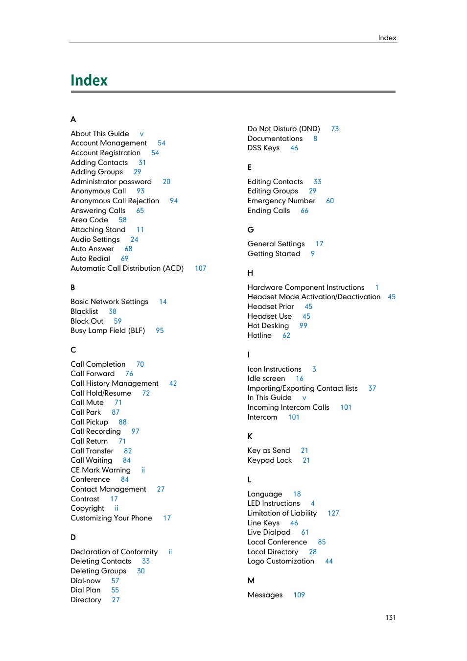 Index | Yealink SIP-T21 User Manual | Page 141 / 142