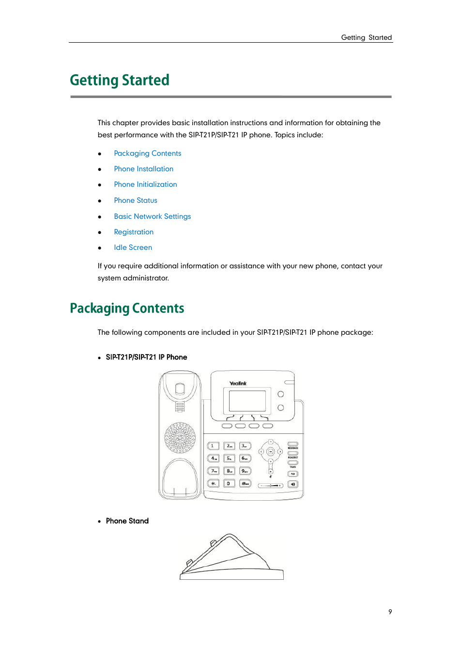 Getting started, Packaging contents | Yealink SIP-T21 User Manual | Page 19 / 142