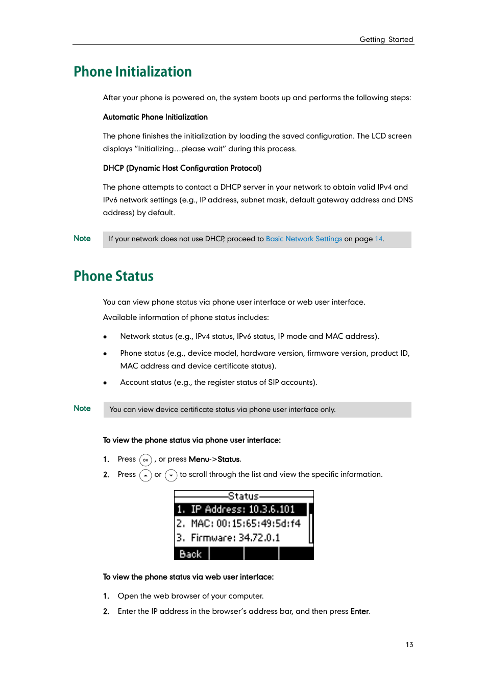 Phone initialization, Phone status | Yealink SIP-T21 User Manual | Page 23 / 142