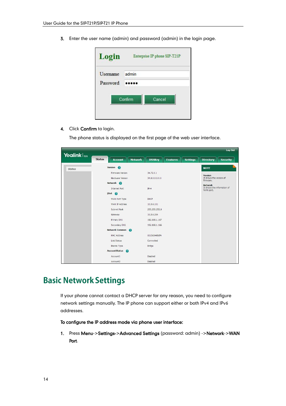 Basic network settings | Yealink SIP-T21 User Manual | Page 24 / 142