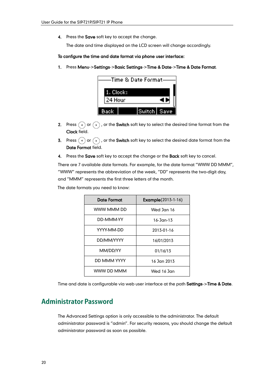 Administrator password | Yealink SIP-T21 User Manual | Page 30 / 142