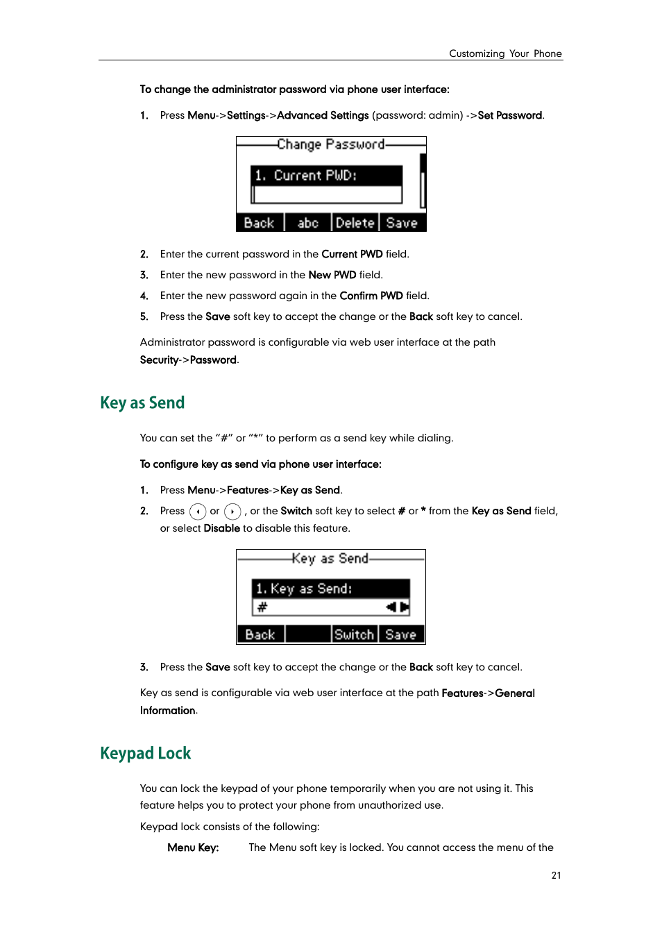 Key as send, Keypad lock | Yealink SIP-T21 User Manual | Page 31 / 142