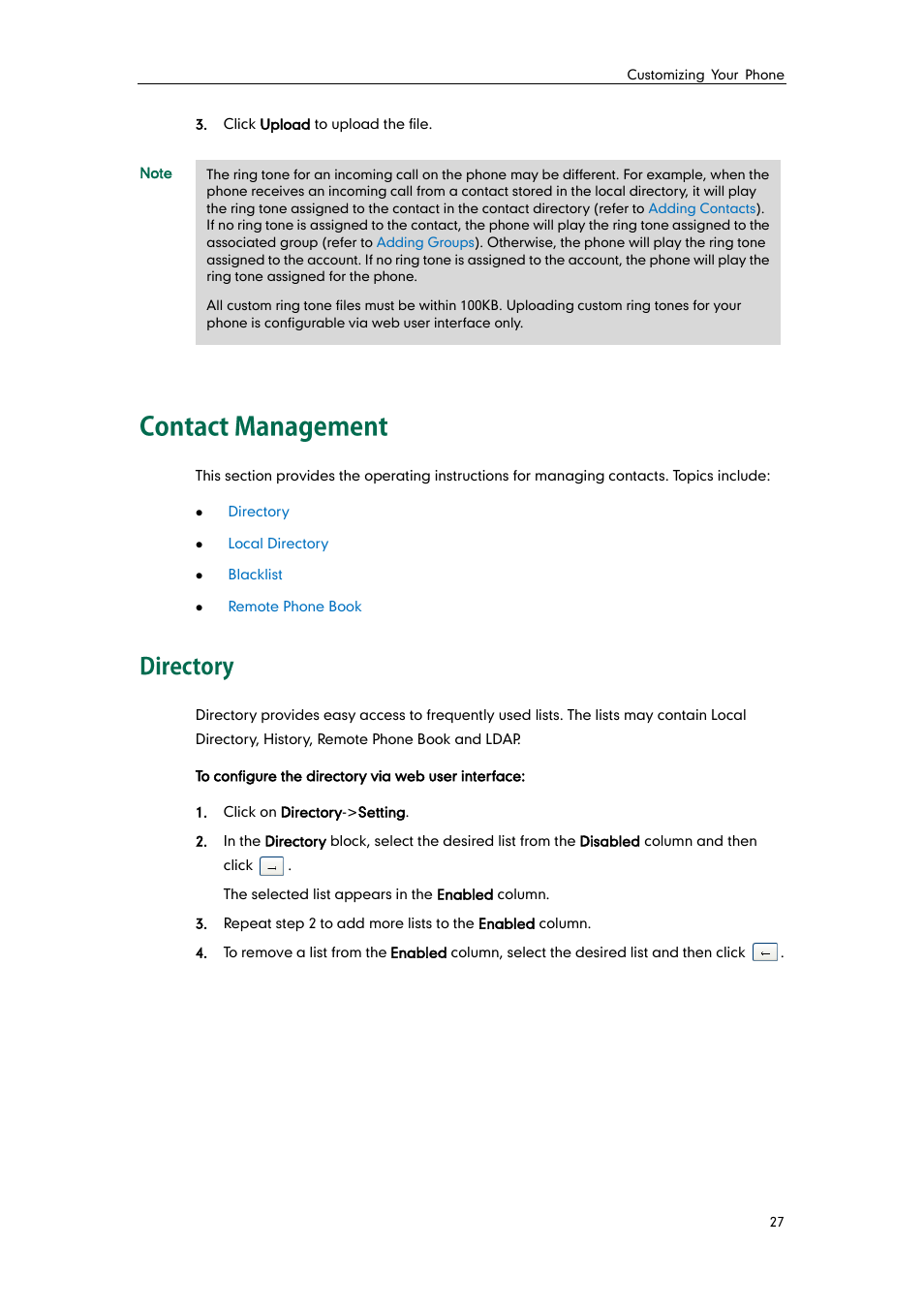 Contact management, Directory | Yealink SIP-T21 User Manual | Page 37 / 142