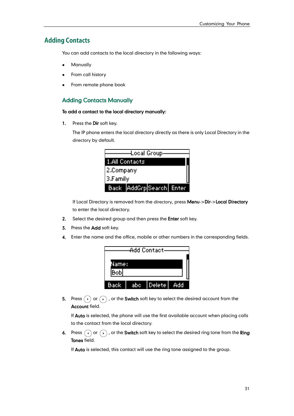 Adding contacts | Yealink SIP-T21 User Manual | Page 41 / 142