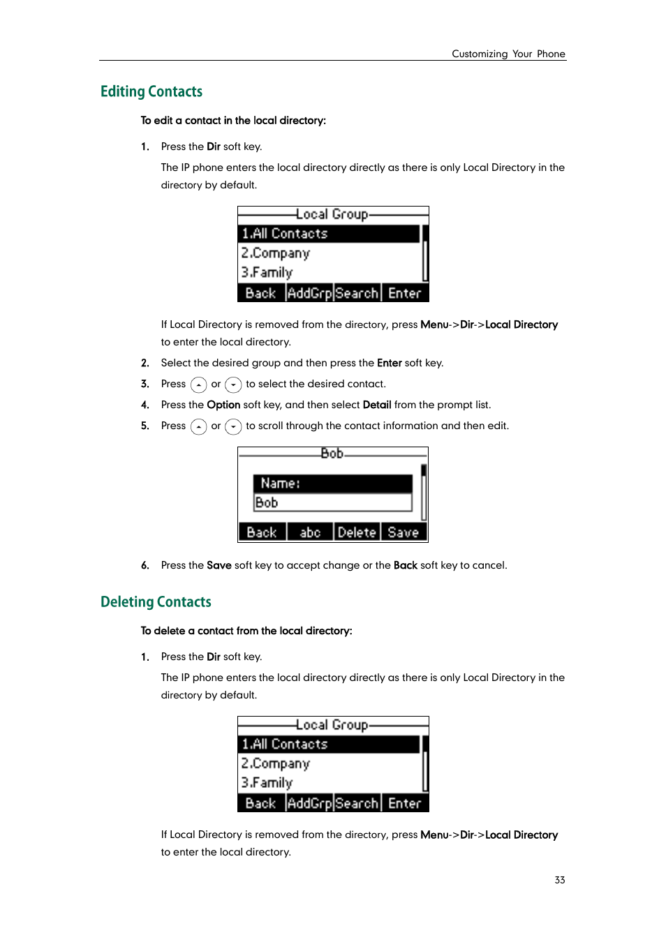 Editing contacts, Deleting contacts | Yealink SIP-T21 User Manual | Page 43 / 142
