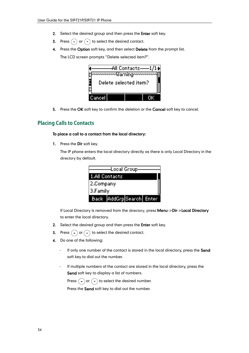 Placing calls to contacts | Yealink SIP-T21 User Manual | Page 44 / 142