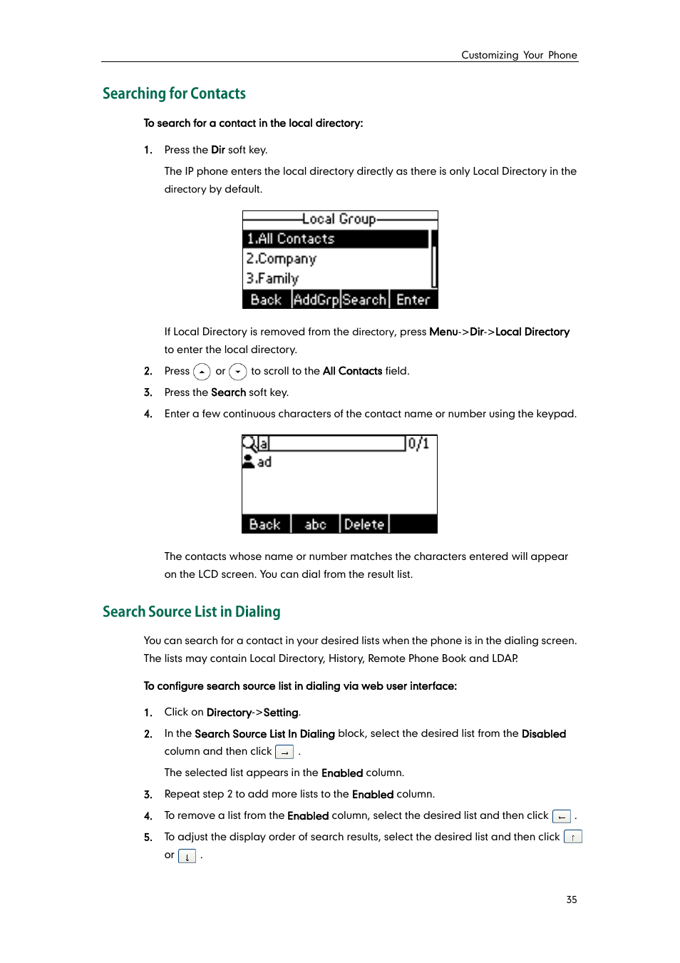 Searching for contacts, Search source list in dialing | Yealink SIP-T21 User Manual | Page 45 / 142