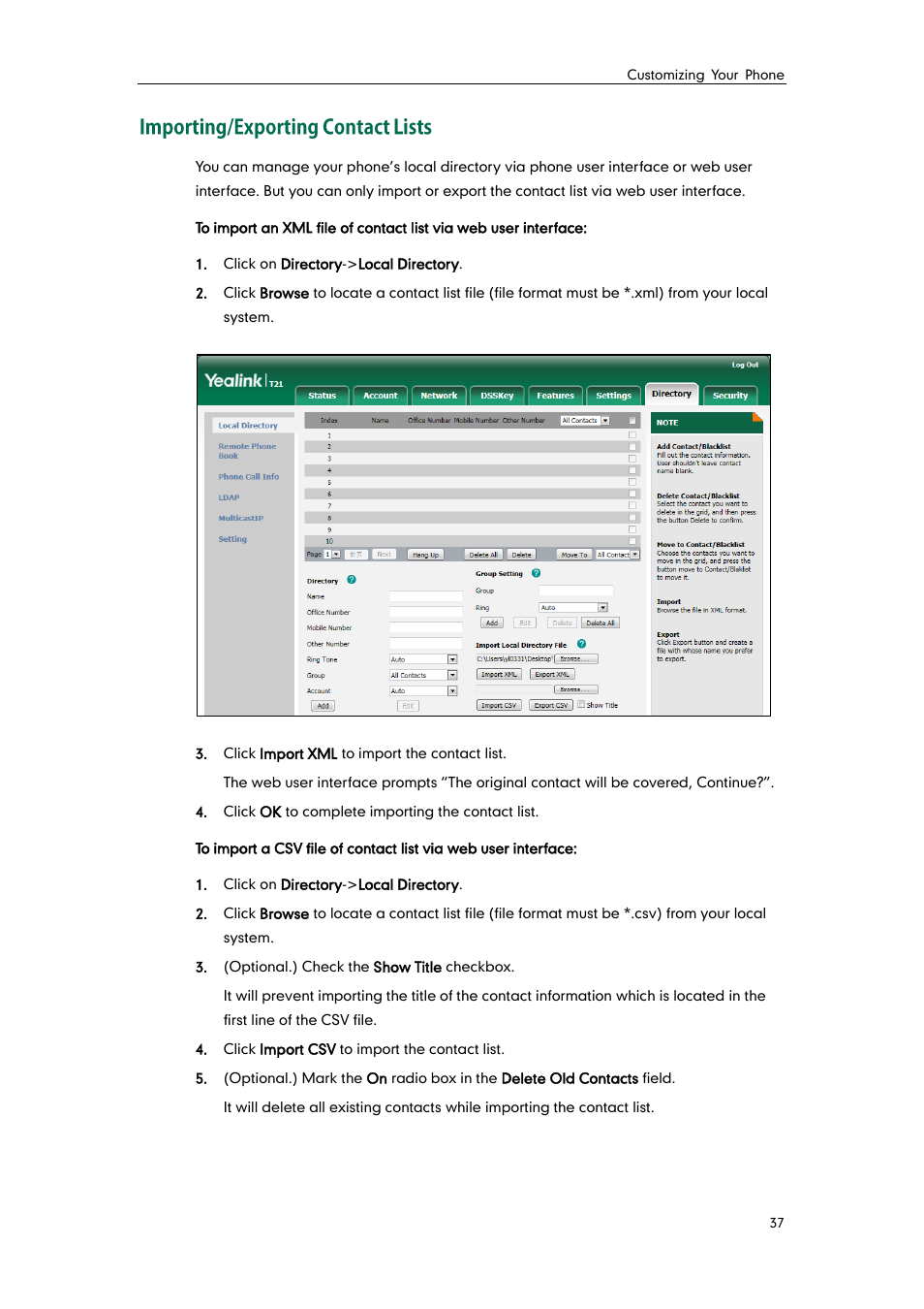 Importing/exporting contact lists | Yealink SIP-T21 User Manual | Page 47 / 142