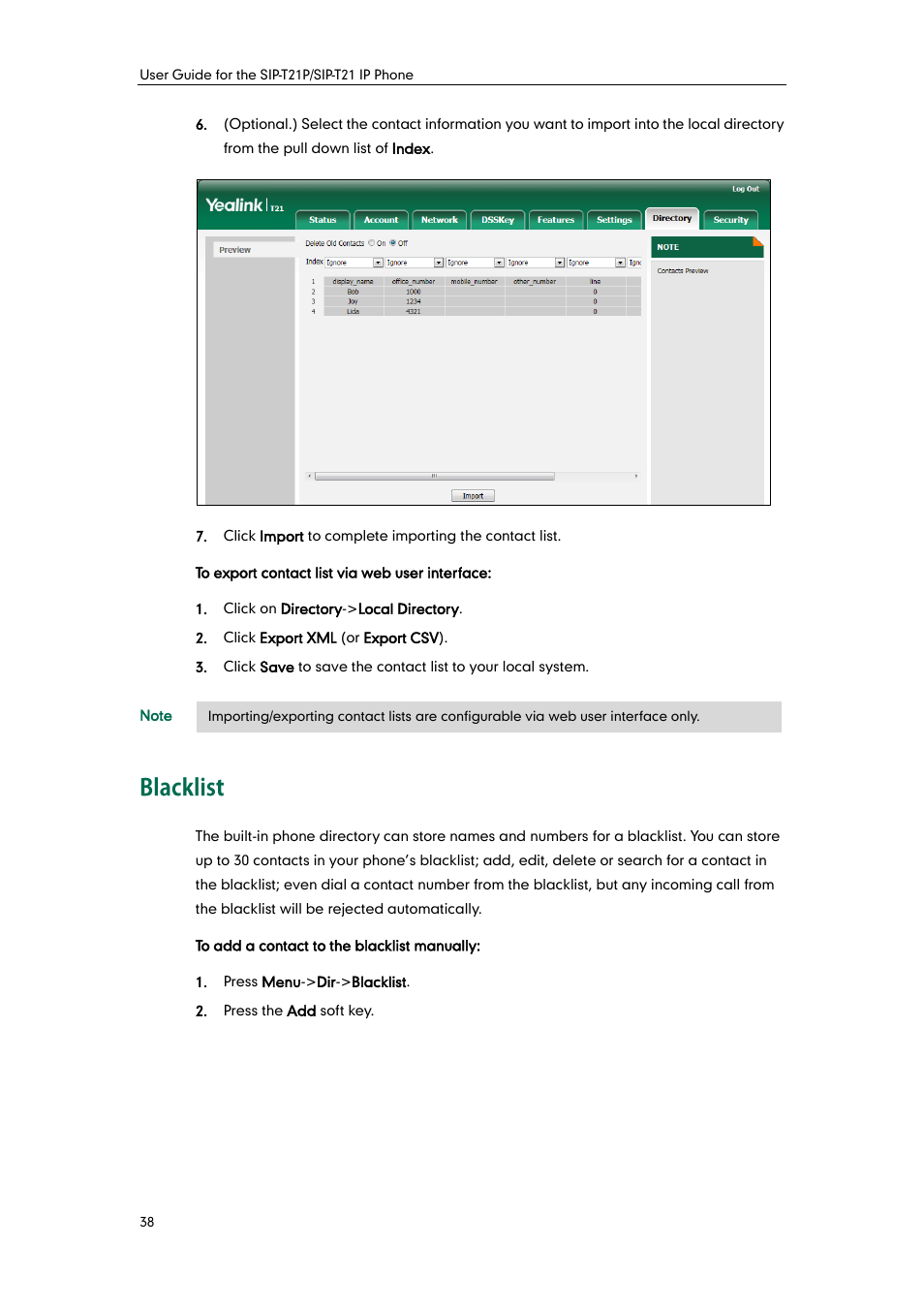 Blacklist | Yealink SIP-T21 User Manual | Page 48 / 142