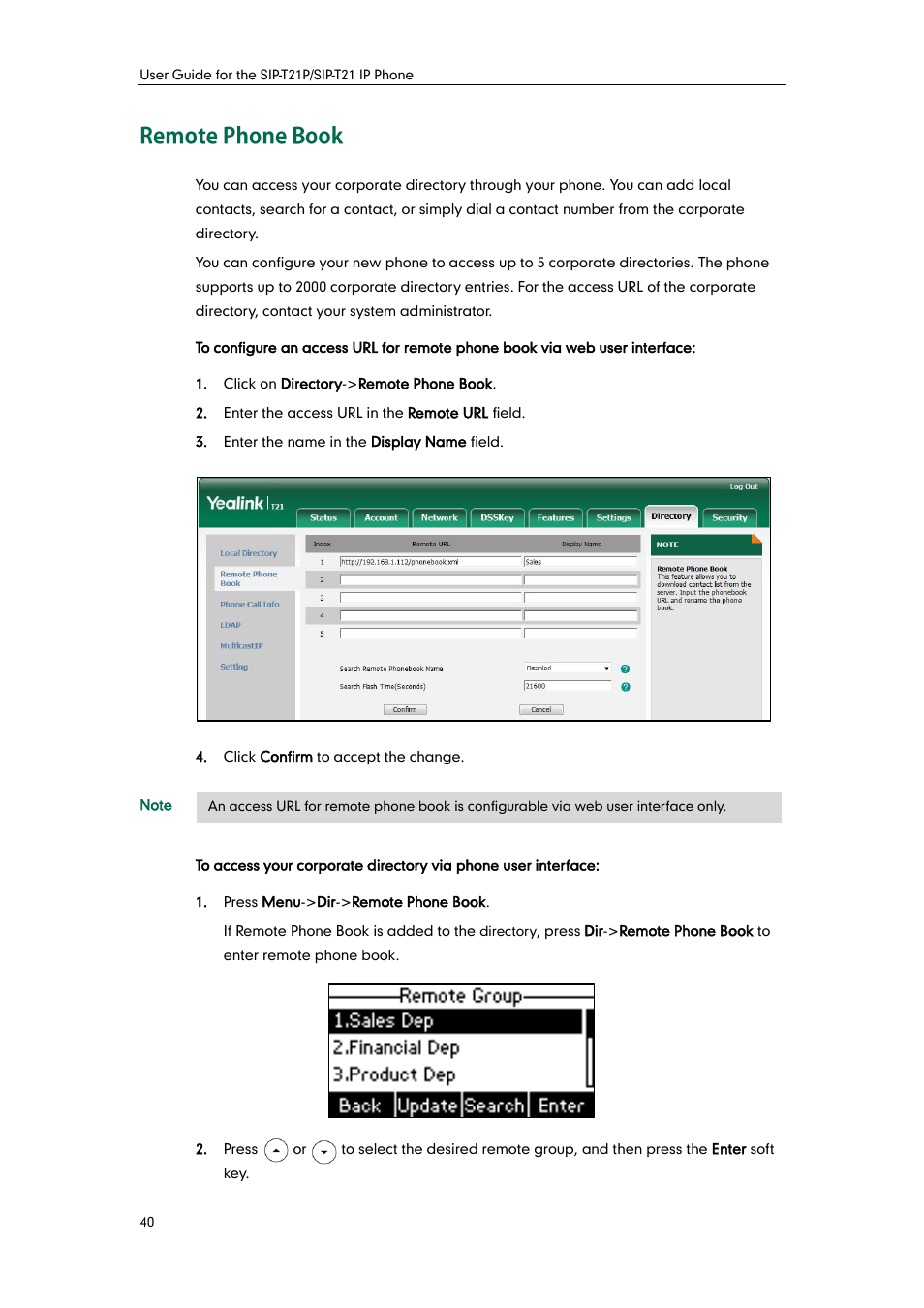 Remote phone book, Remote phone, Book | Yealink SIP-T21 User Manual | Page 50 / 142