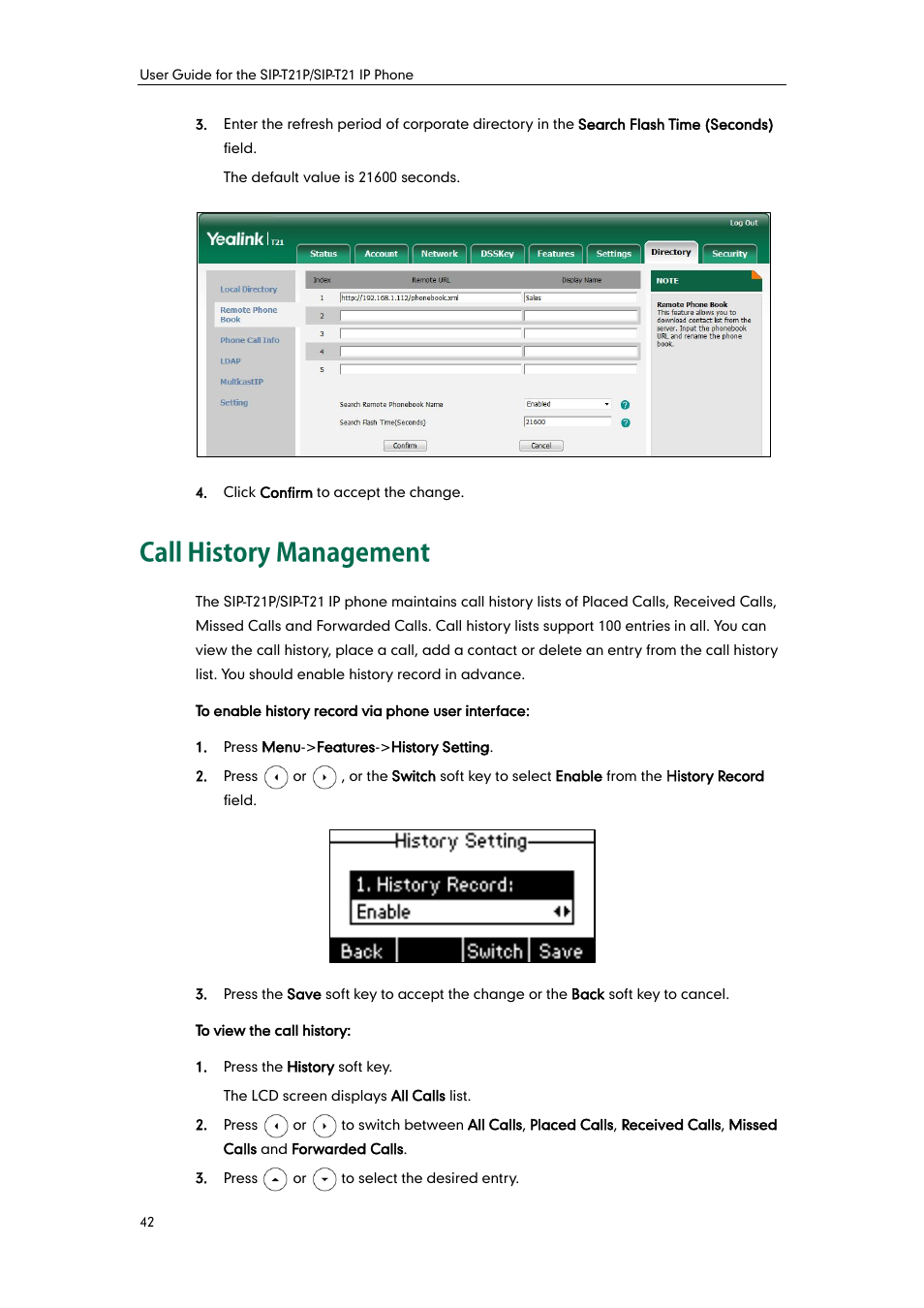 Call history management | Yealink SIP-T21 User Manual | Page 52 / 142