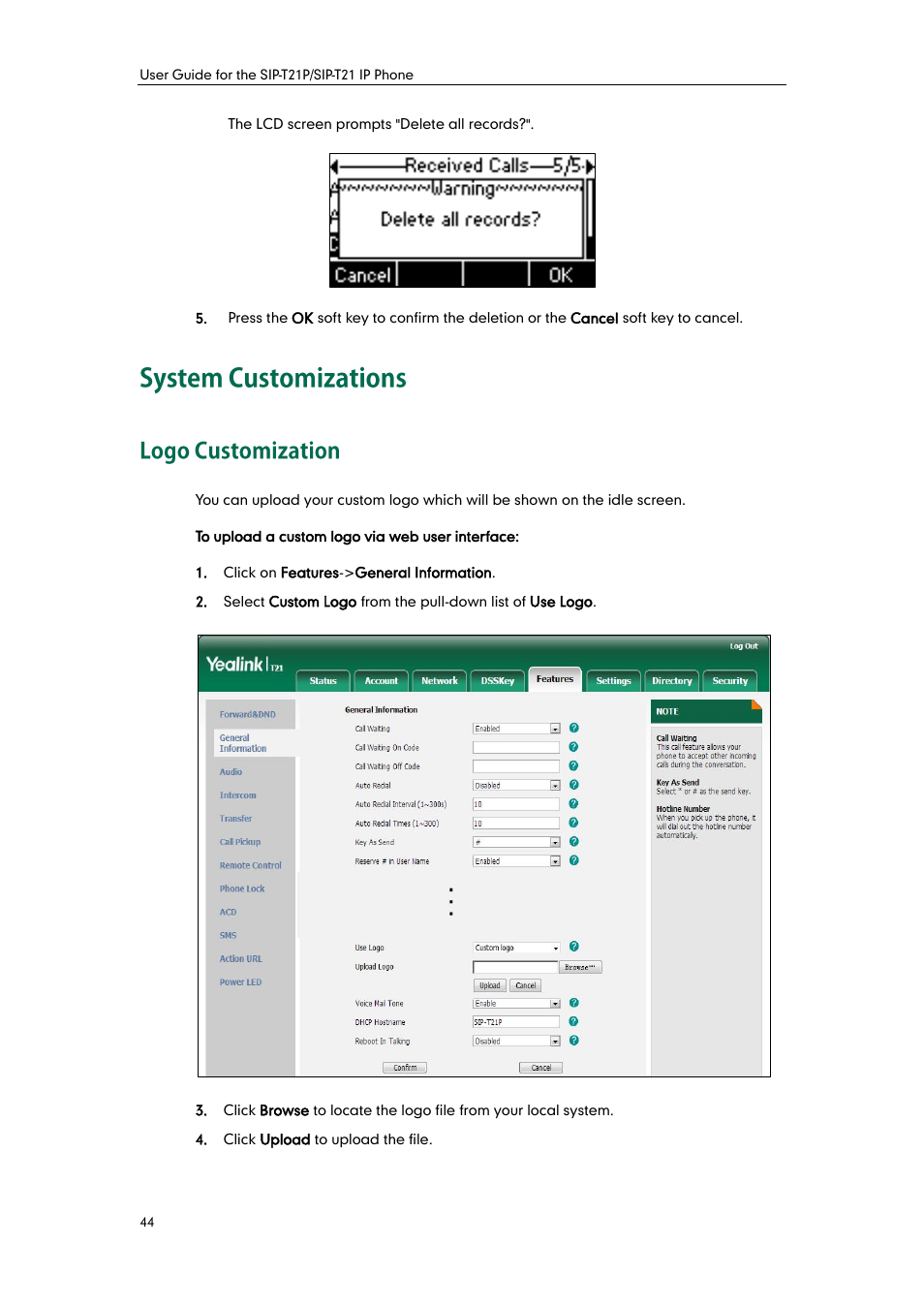 System customizations, Logo customization | Yealink SIP-T21 User Manual | Page 54 / 142