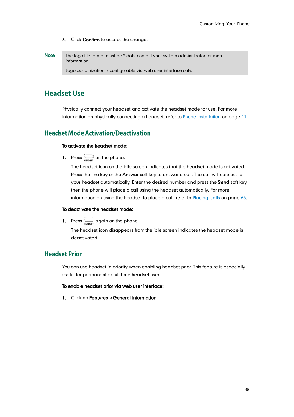 Headset use, Headset mode activation/deactivation, Headset prior | Yealink SIP-T21 User Manual | Page 55 / 142
