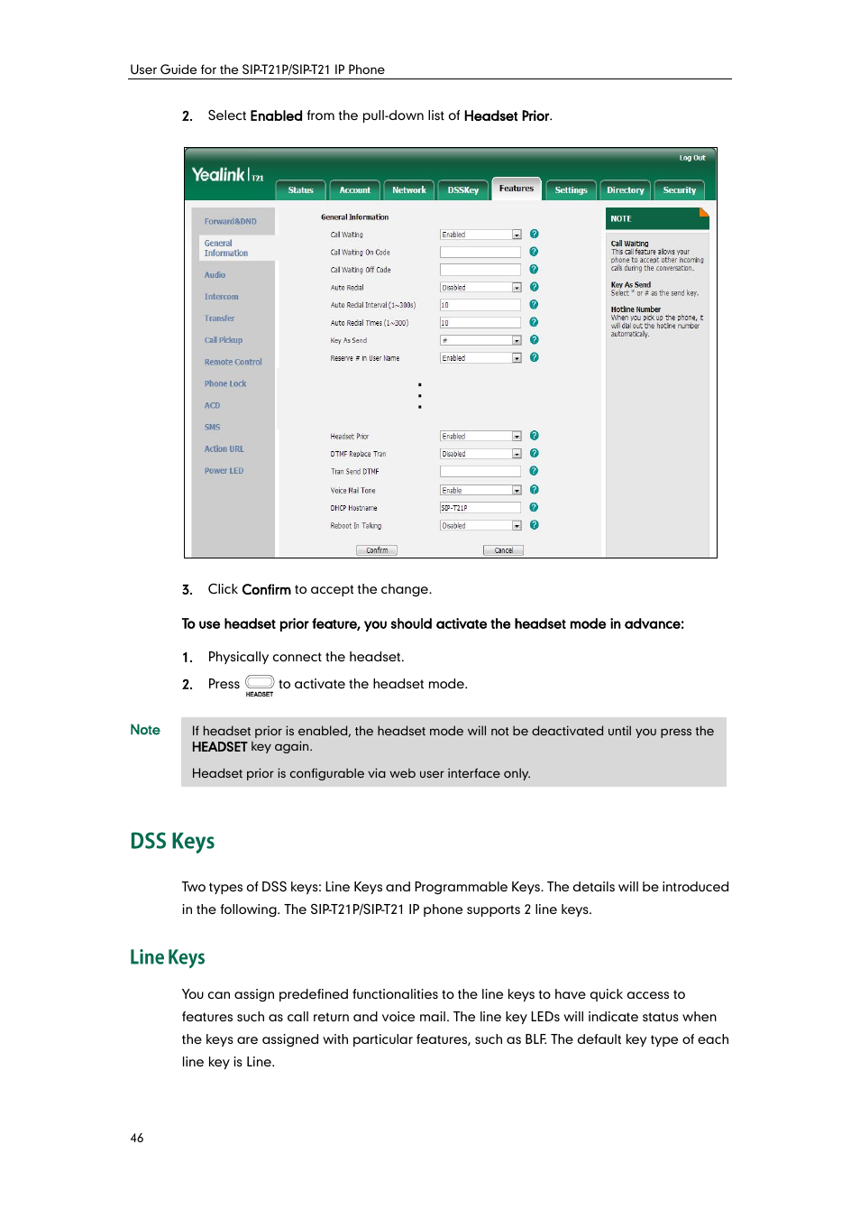 Dss keys, Line keys | Yealink SIP-T21 User Manual | Page 56 / 142