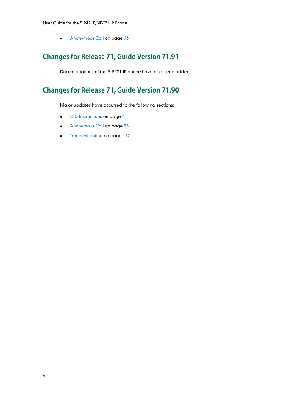 Changes for release 71, guide version 71.91, Changes for release 71, guide version 71.90 | Yealink SIP-T21 User Manual | Page 6 / 142