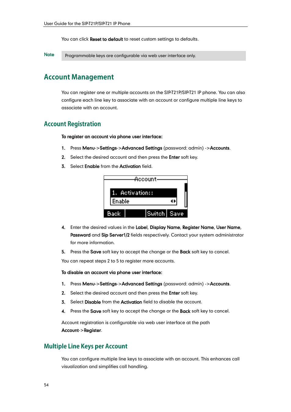 Account management, Account registration, Multiple line keys per account | Yealink SIP-T21 User Manual | Page 64 / 142
