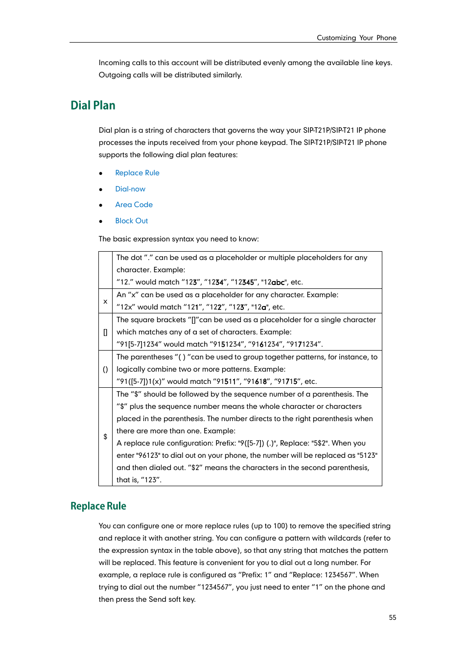 Dial plan, Replace rule | Yealink SIP-T21 User Manual | Page 65 / 142