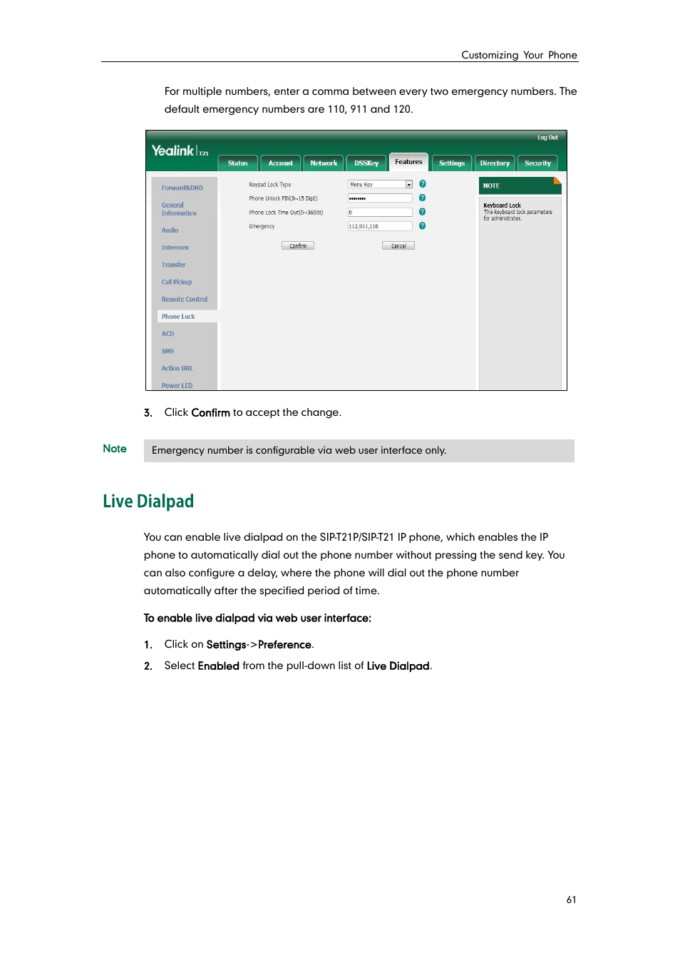 Live dialpad | Yealink SIP-T21 User Manual | Page 71 / 142