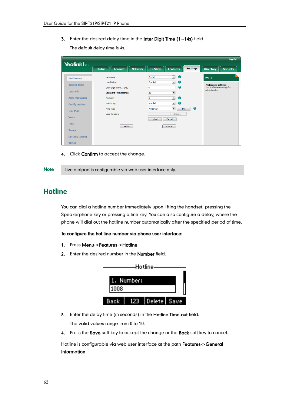 Hotline | Yealink SIP-T21 User Manual | Page 72 / 142