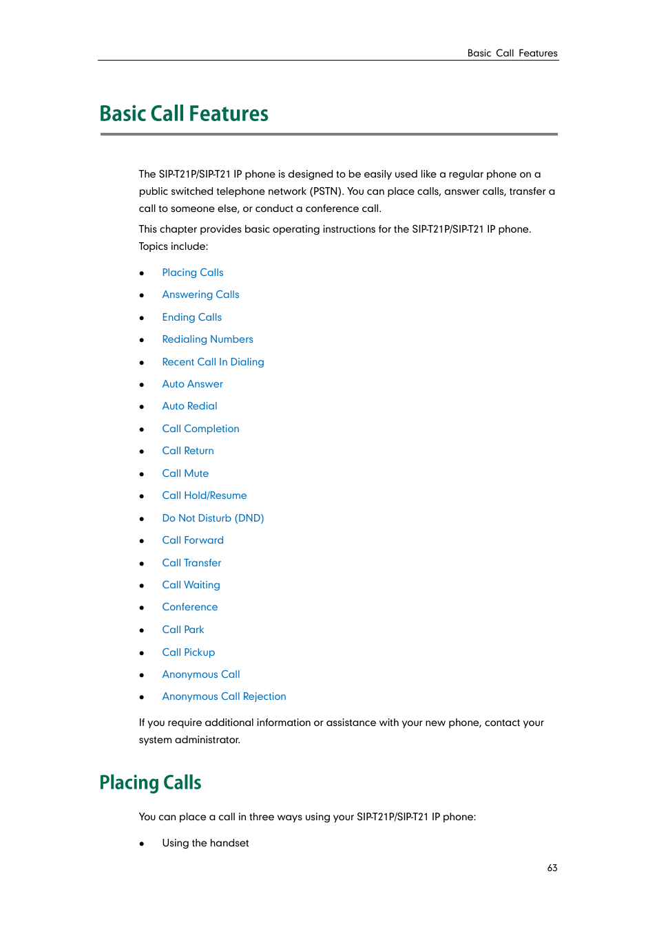 Basic call features, Placing calls | Yealink SIP-T21 User Manual | Page 73 / 142