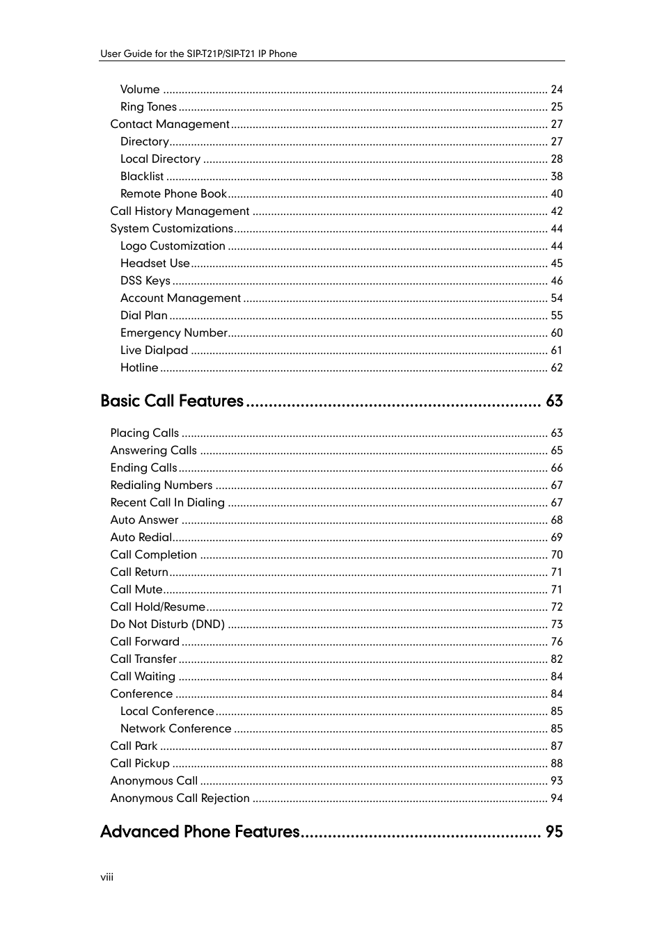 Basic call features, Advanced phone features | Yealink SIP-T21 User Manual | Page 8 / 142