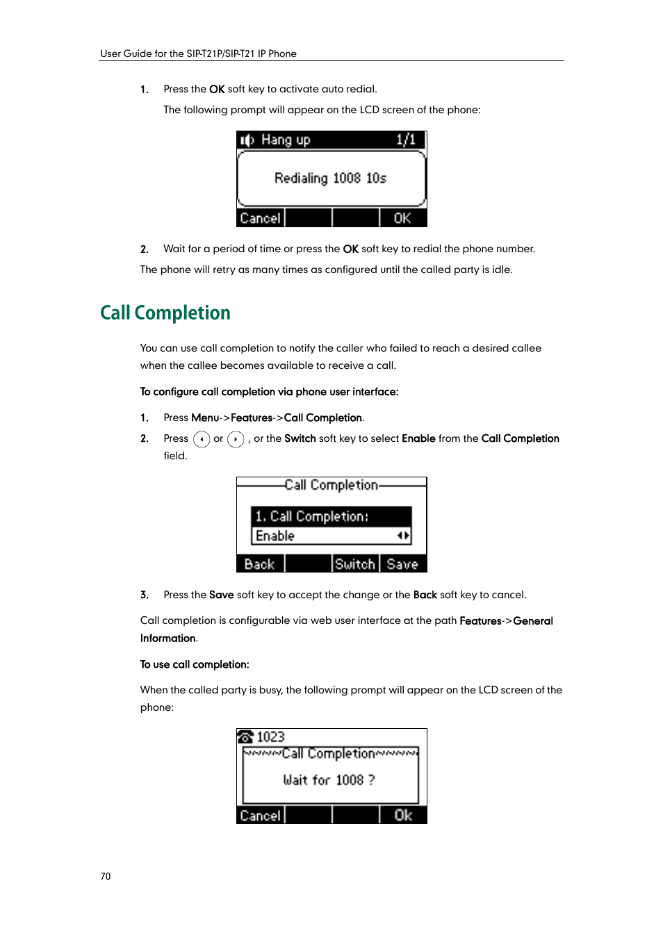 Call completion | Yealink SIP-T21 User Manual | Page 80 / 142