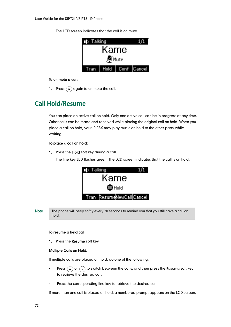 Call hold/resume | Yealink SIP-T21 User Manual | Page 82 / 142