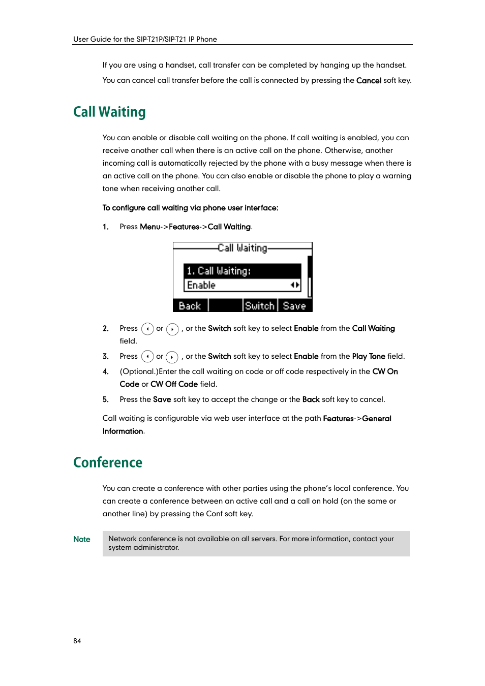 Call waiting, Conference | Yealink SIP-T21 User Manual | Page 94 / 142