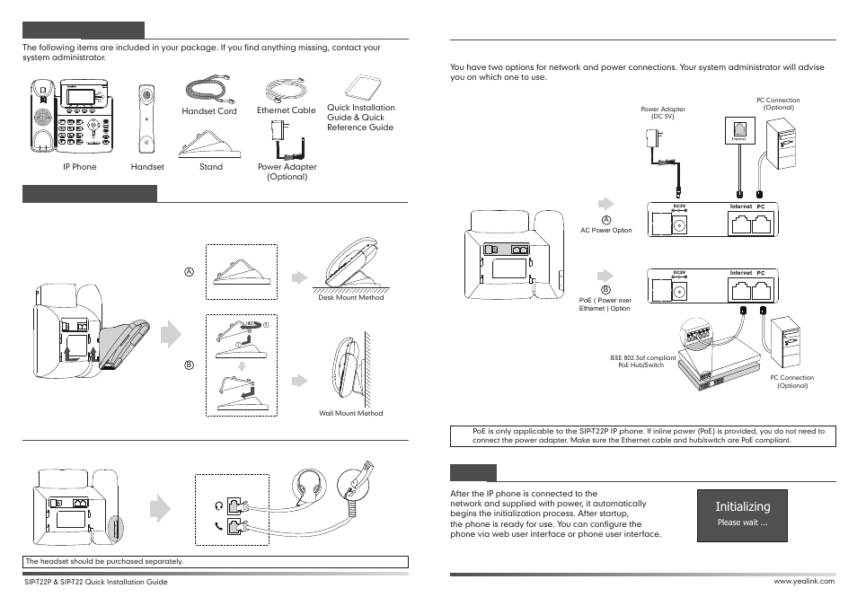 T22(2).pdf, Startup, Packaging contents assembling the phone | Initializing | Yealink SIP-T22 User Manual | Page 2 / 2