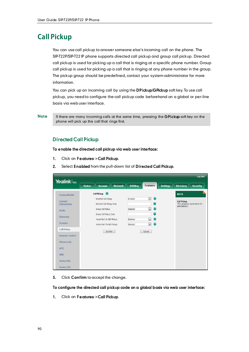 Call pickup, Directed call pickup | Yealink SIP-T22 User Manual | Page 102 / 146