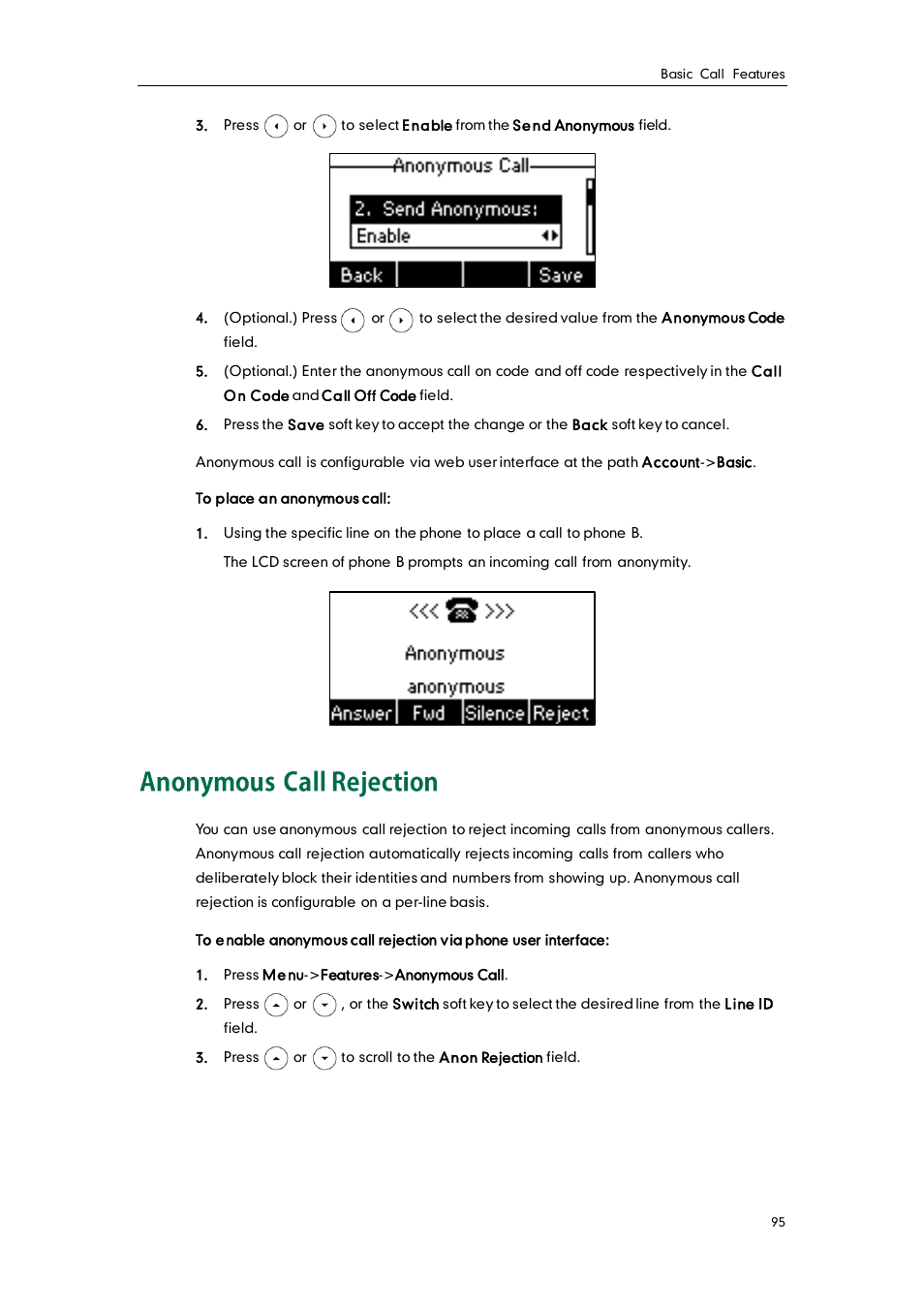 Anonymous call rejection | Yealink SIP-T22 User Manual | Page 107 / 146